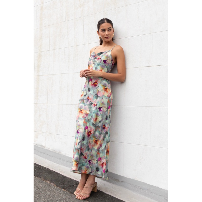 Lavish Blue Multi Floral Tie Back Bias Slip Dress