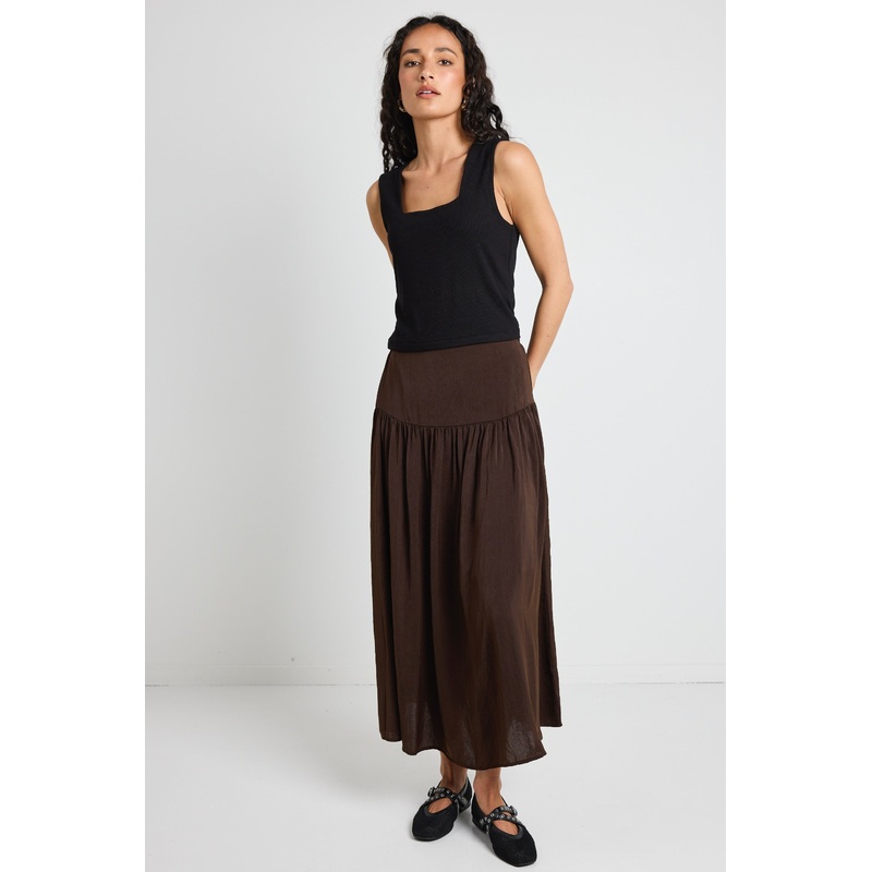 Lupe Espresso Hammered Satin Midi Skirt