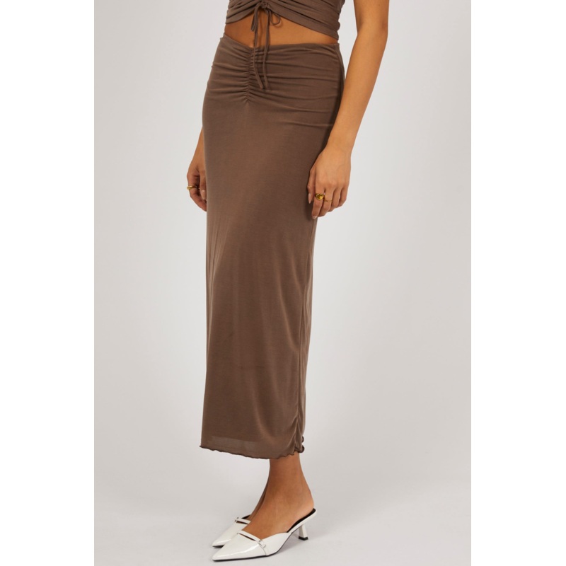 Luxe Brown Ruched Front Maxi Skirt