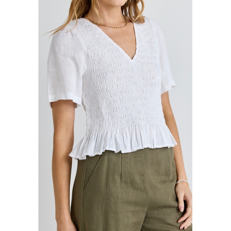 Mellow White Linen V Neck SS Shirred Top