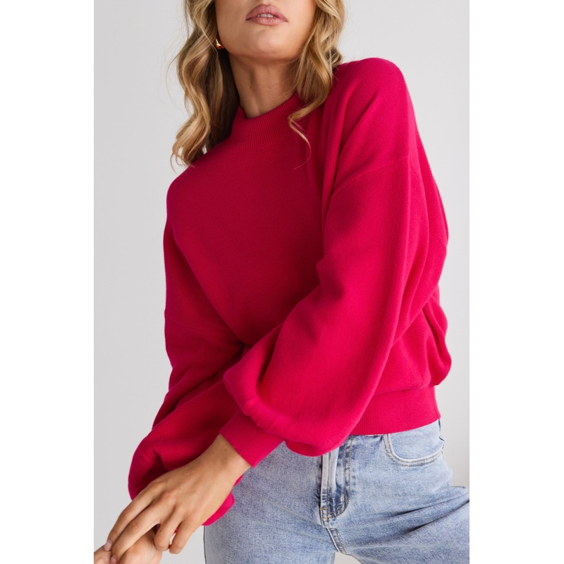Motivation Raspberry Funnel Neck Fine Knit Jumper