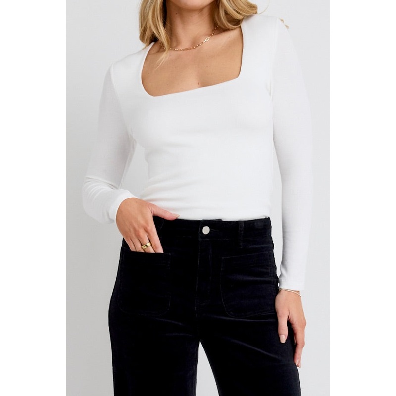 Oblique Cream Square Neck Rib LS Top