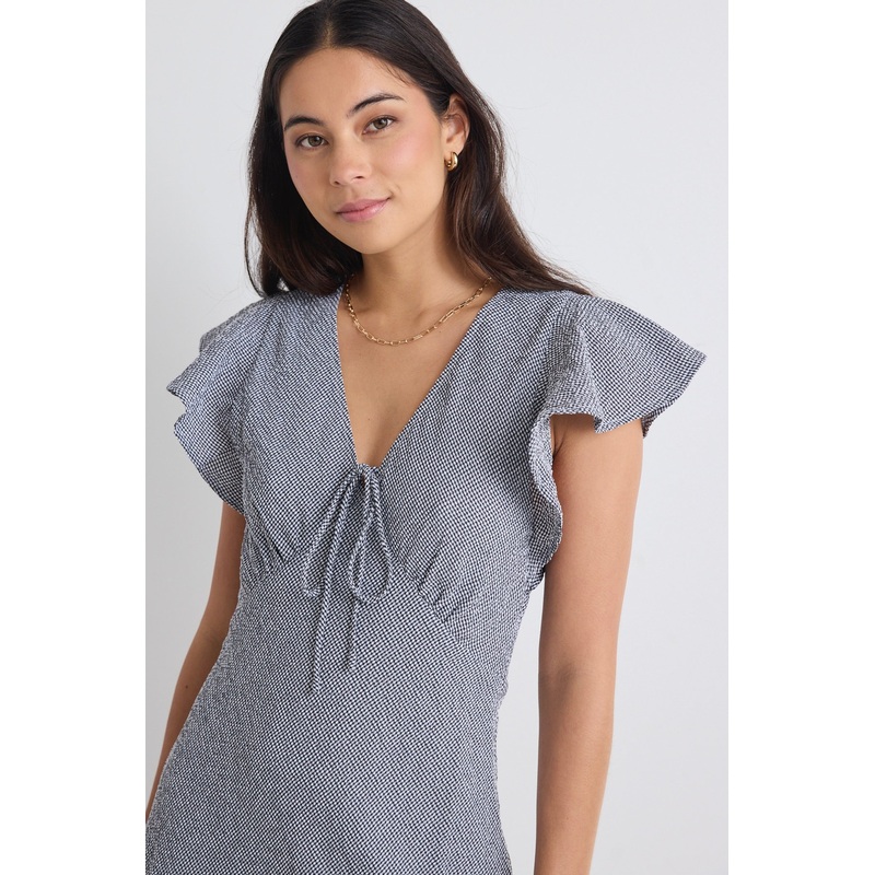 Ovation Black Ditsy Gingham Flutter Ss Keyhole Tie Midi Dress
