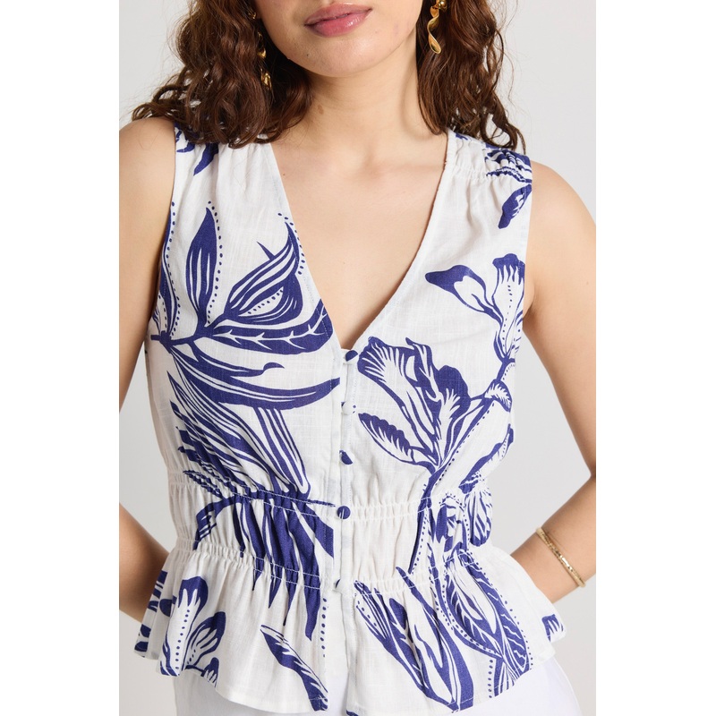 Pegasus Navy Silhouette Button Front Sleeveless Top