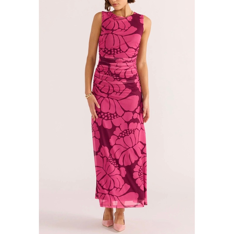 Persephone Berry Floral Mesh Sleeveless Midi Dress