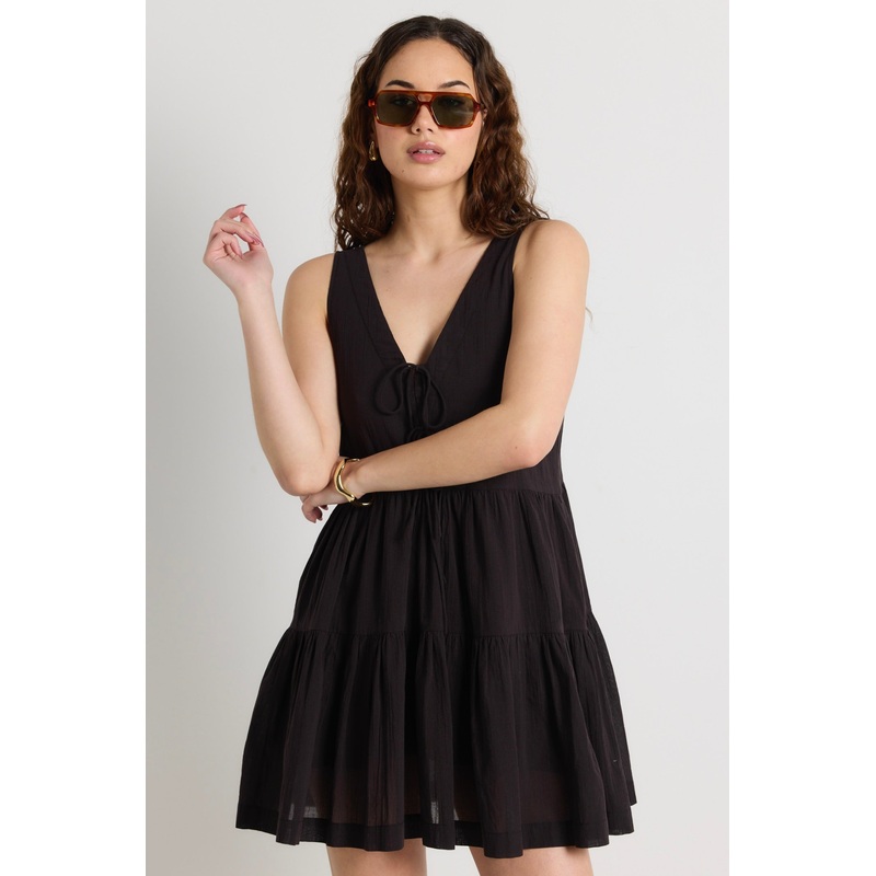 Pivot Black Cotton Sleeveless Tiered Mini Dress