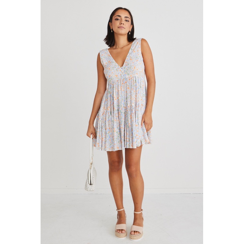 Ray Blue Summer Floral Sleeveless V Neck Mini Dress
