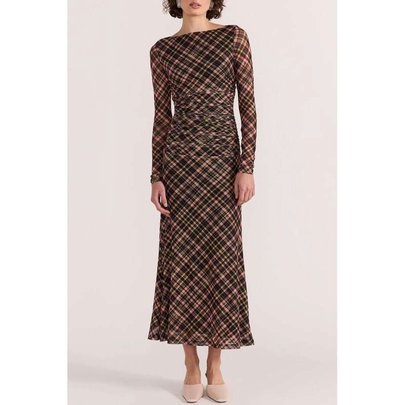 Reign Check Mesh LS Midi Dress
