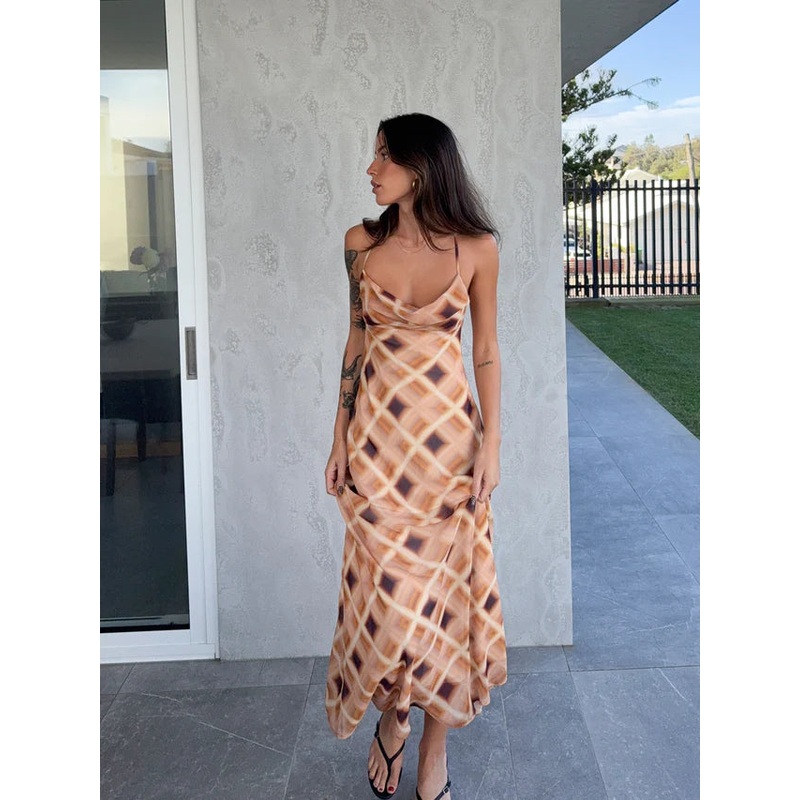 Remy Caramel Check Cowl Neck Strappy Maxi Dress