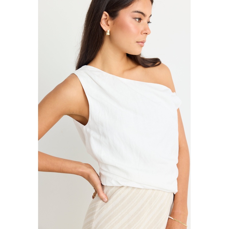 Revered Ivory Linen Blend Off Shoulder Sleeveless Top