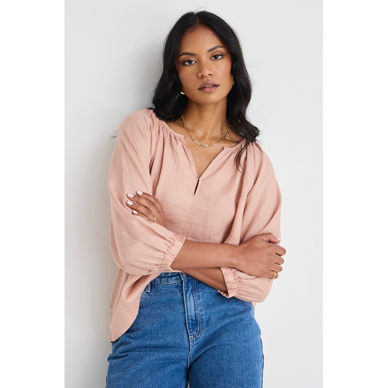 Revolutionary Caramel Linen Relaxed LS Top