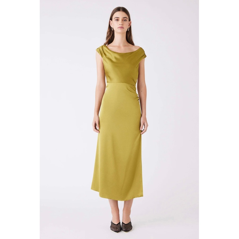 Satelite Green Off Shoulder SS Midi Dress