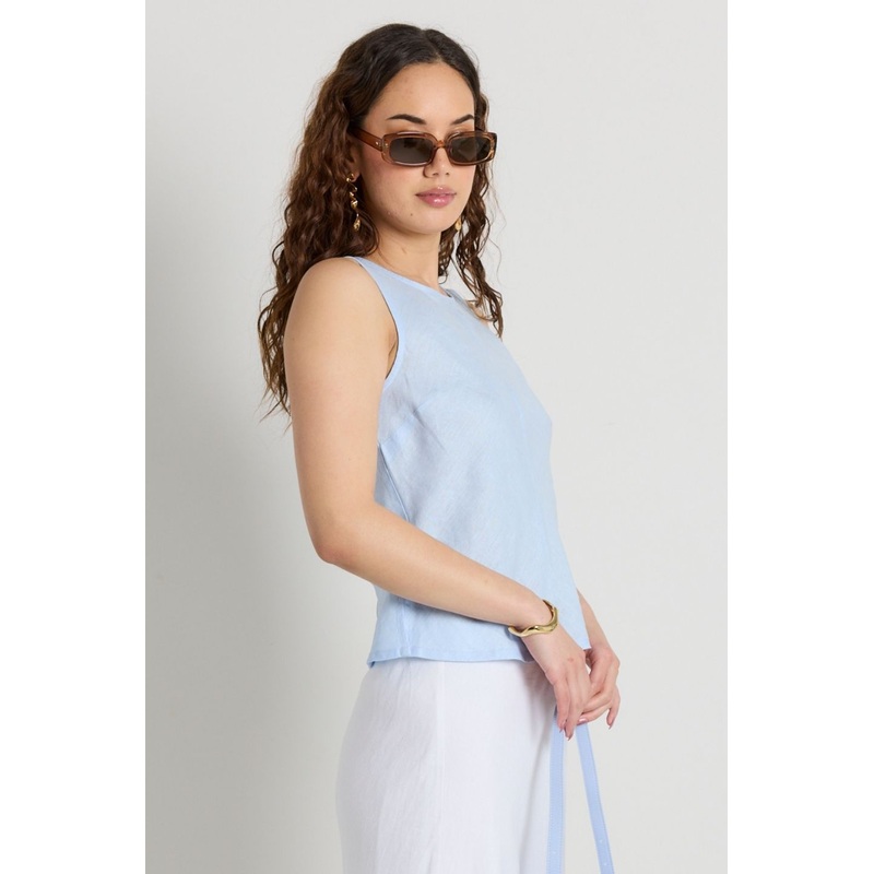Shoreline Light Blue Linen Bias Sleeveless Shell Top