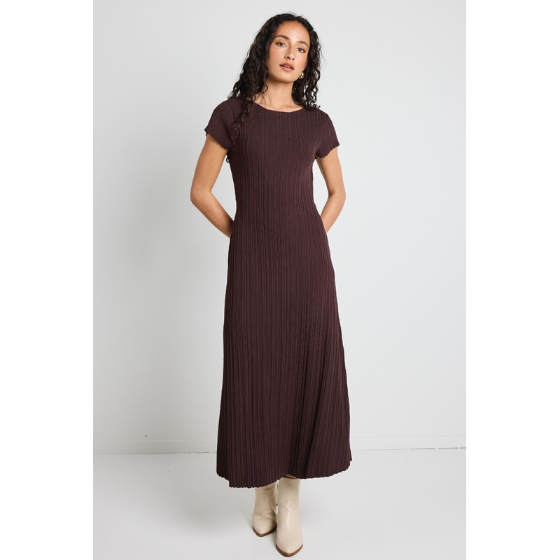 Smoulder Chocolate Boat Neck Rib Knit Maxi Dress