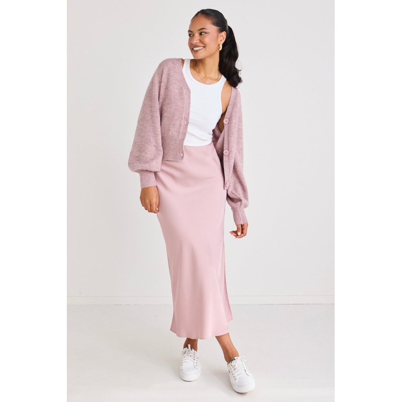 Stunning Blush Satin Side Split Bias Midi Skirt