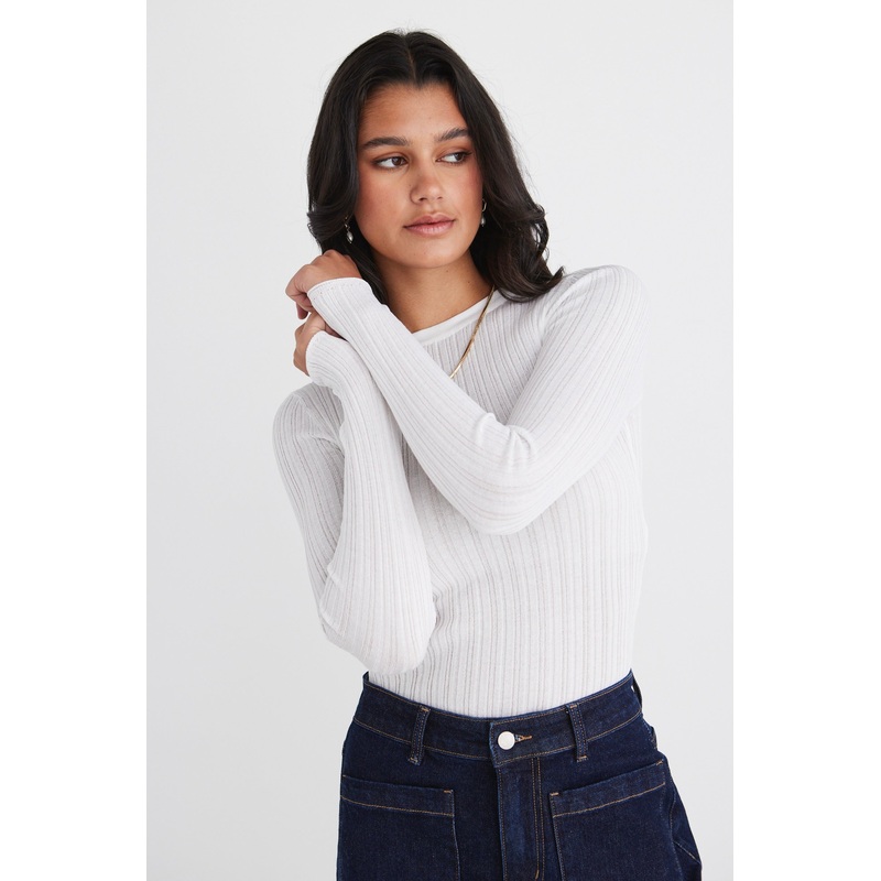 Trace White Sheer LS Knit Top