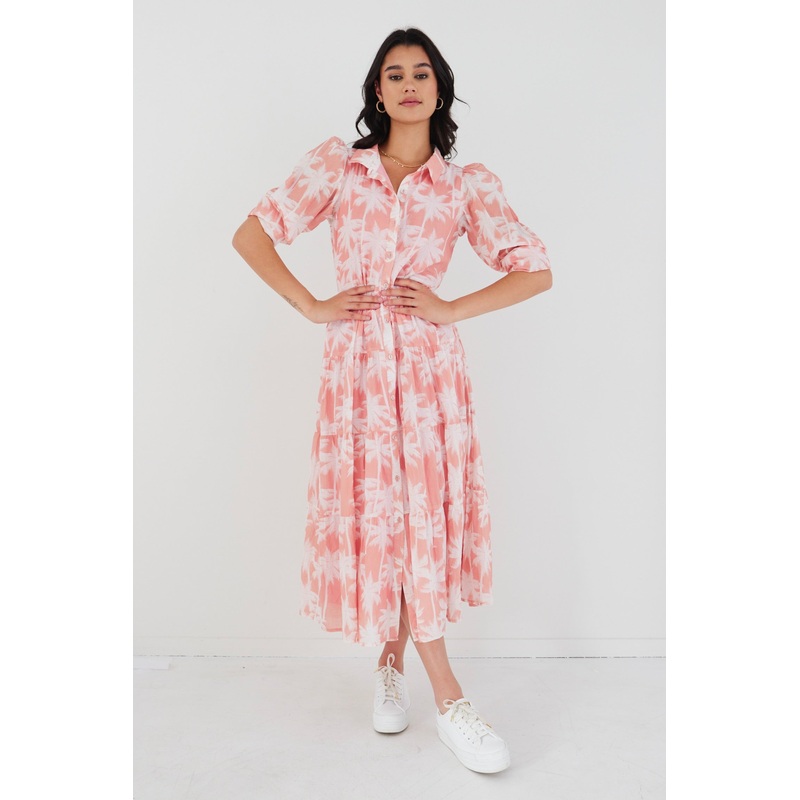 Adair Blush Palms Tiered Shirt Style Maxi Dress