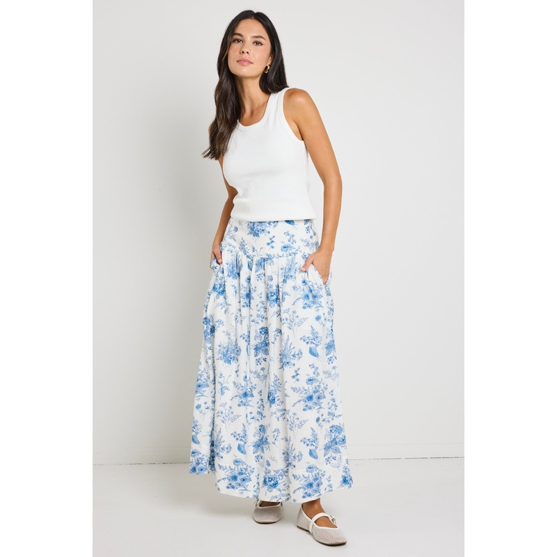 Affinity Porcelain Print Shirred Back Tiered Maxi Skirt