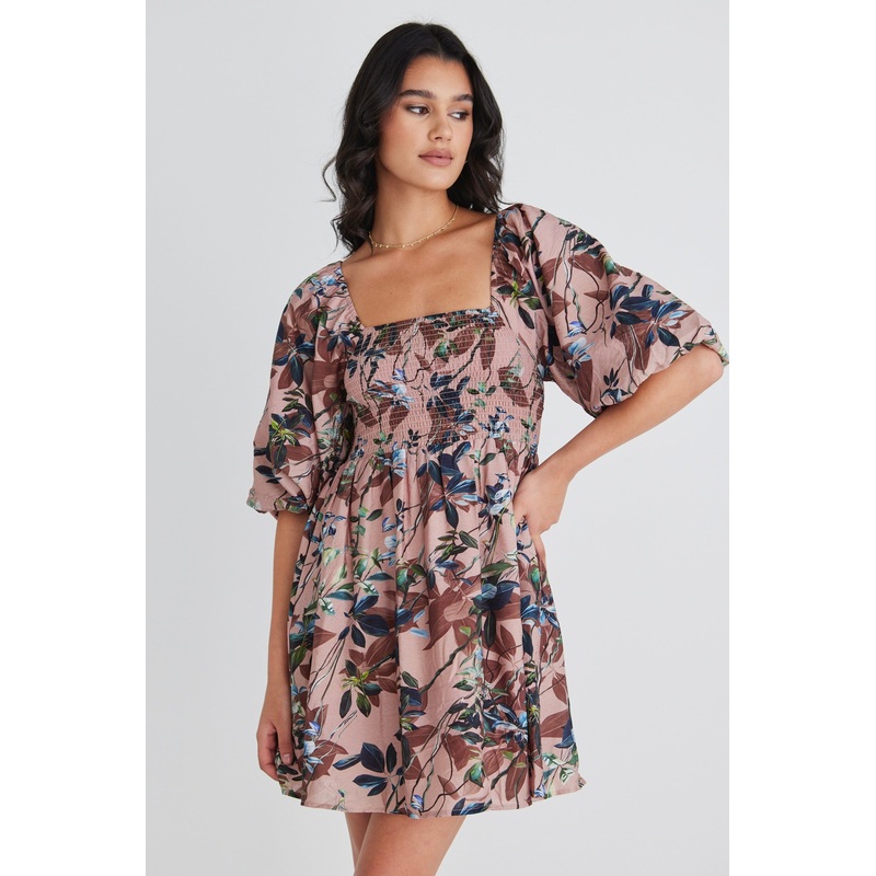 Bea Blush Paradise LS Rouched Empire Bodice Mini Dress