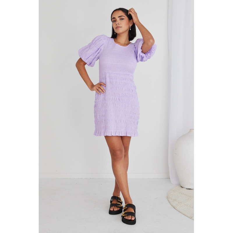 Bijou Lilac Puff SS Shirred Body Mini Dress