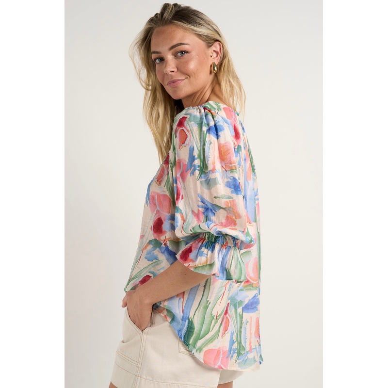 Candid Watercolour Frill Sleeve Crew Neck SS Top