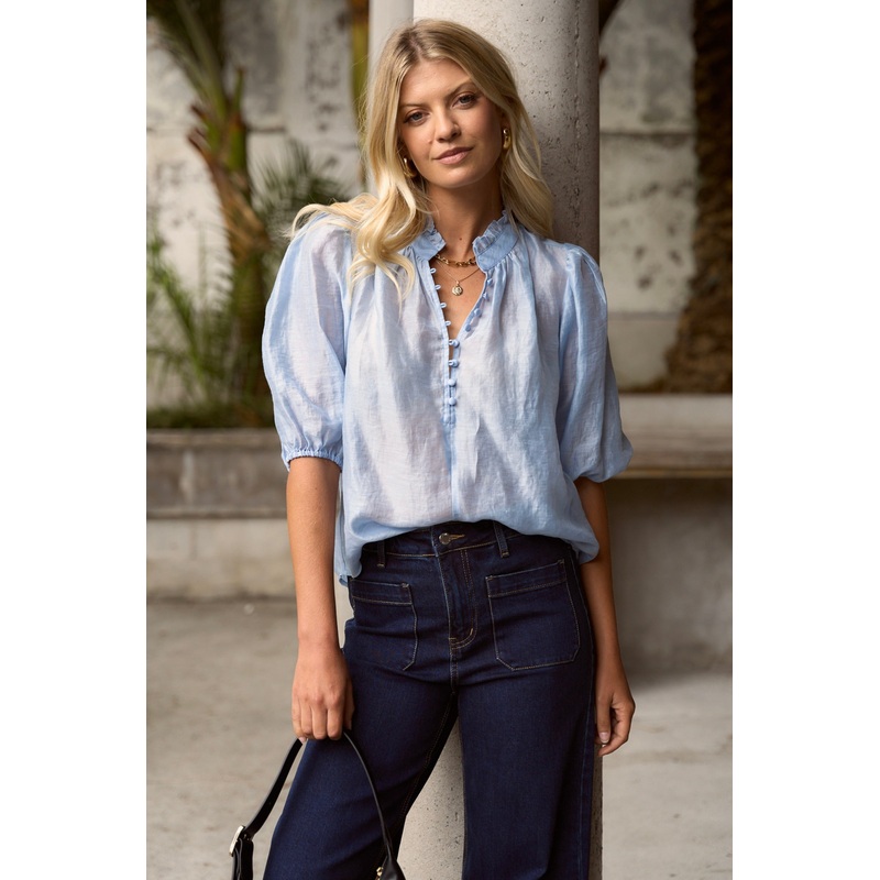 Closure Pale Blue Sheer High Neck Buttoned SS Top