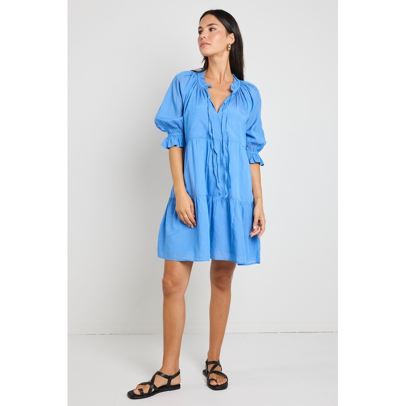 Composer Blue Cotton Voile SS Tie Front Mini Shift Dress