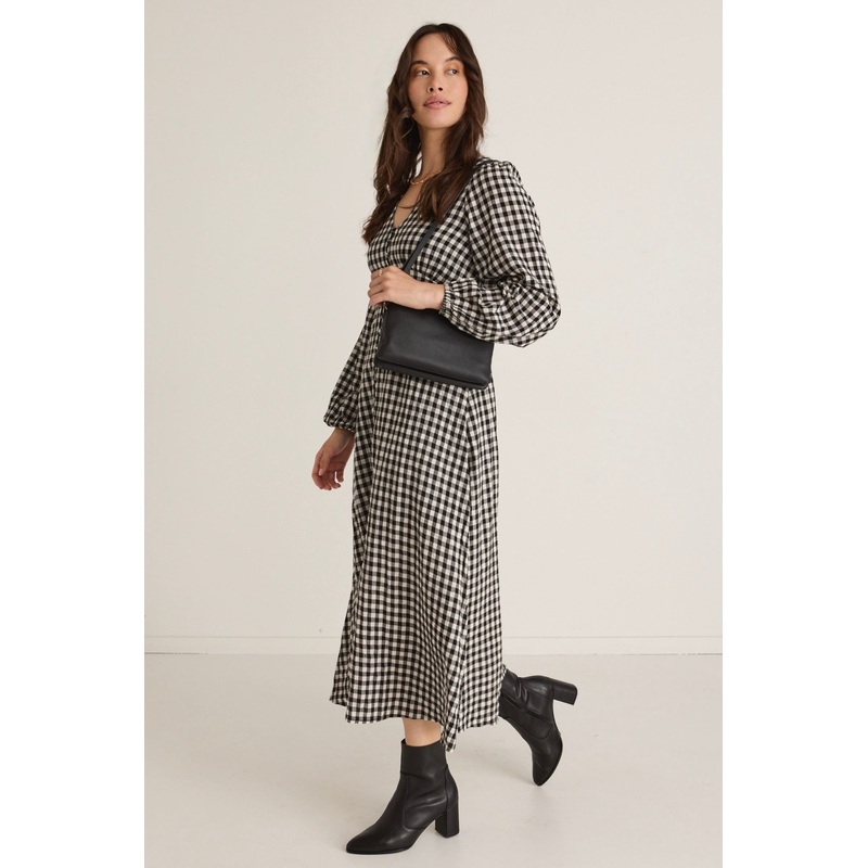 Damsel Black Gingham LS Button Front Midi Dress