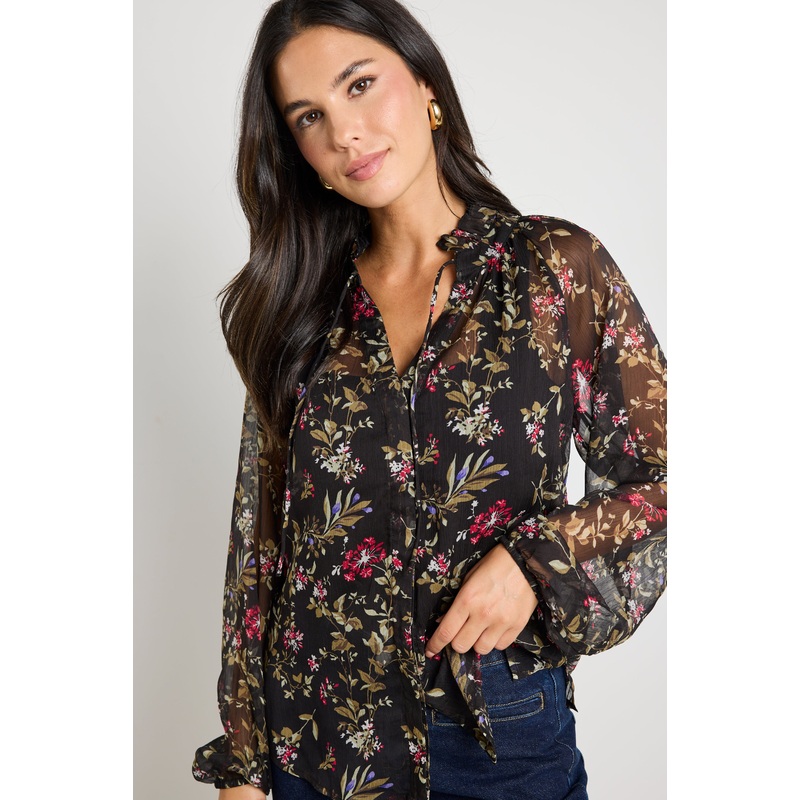 Deft Black Posy Floral Sheer LS Blouse