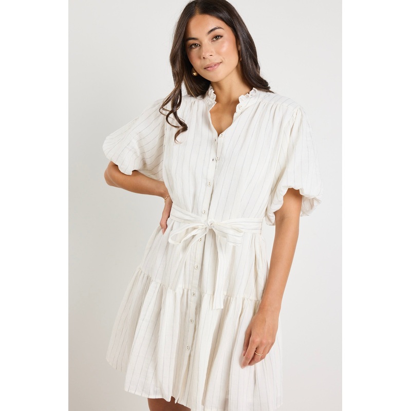 Delphi Ivory Stripe Drop Waist Belted Mini Dress