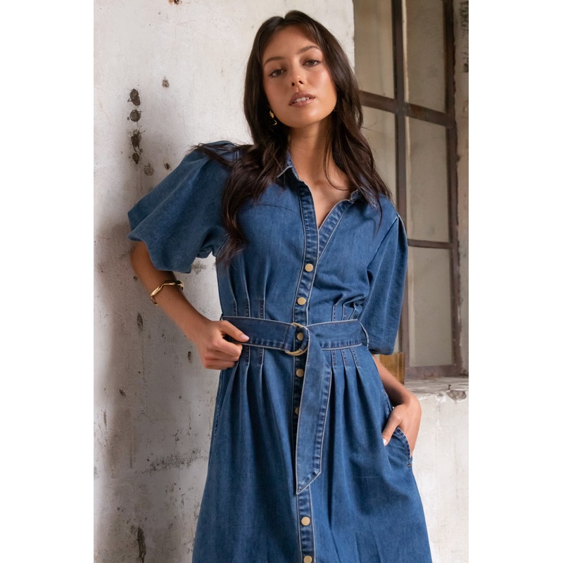 Dusk Storm Blue Denim Puff Sleeve Maxi Shirt Dress