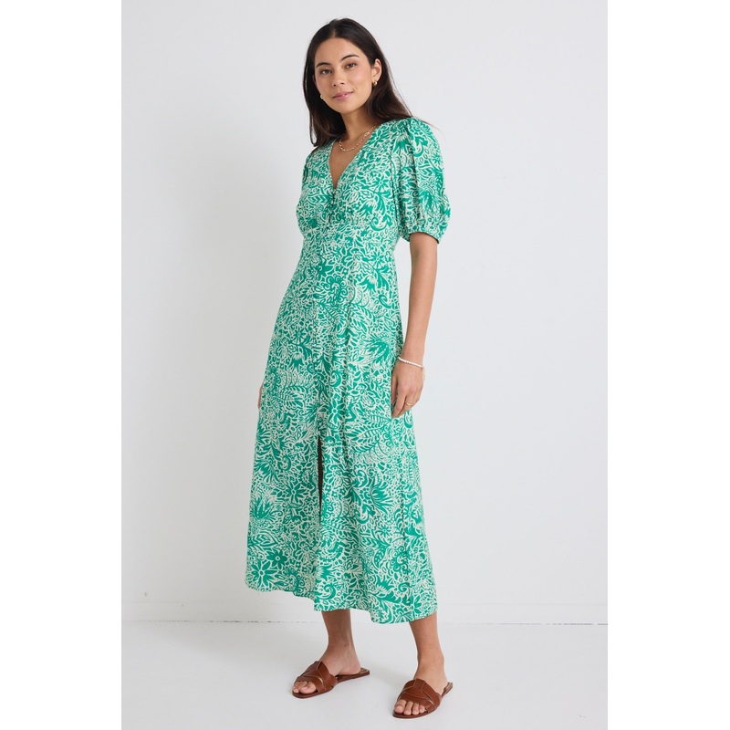 Elemental Green Batik Print Short Sleeve Button Front Midi Dress