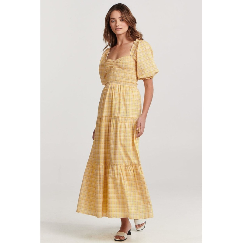Elena Yellow Puff sleeve Tiered Midi Dress