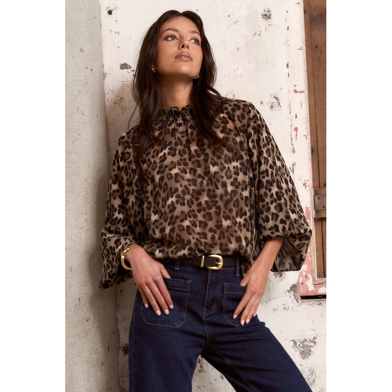 Embrace Leopard Georgette High Neck LS Top