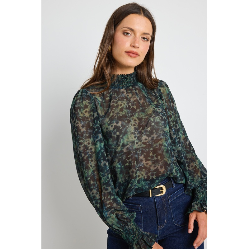 Emphatic Khaki Ditsy Print Shirred Neck Ls Top