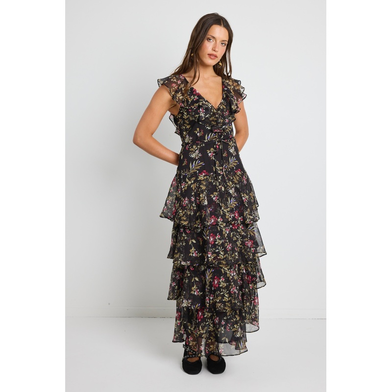 Everly Black Posy Floral Flutter Sleeve Tiered Maxi Dress