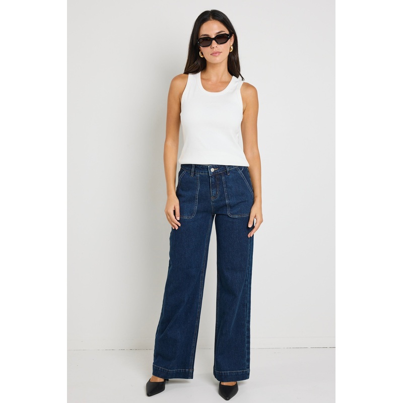 Feature Indigo Mid Rise Front Pocket Wide Leg Jean
