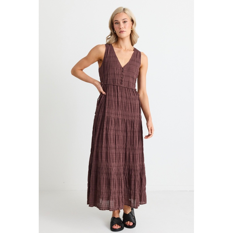 Flora Chocolate V Neck Tie Front Sleeveless Tiered Maxi Dress