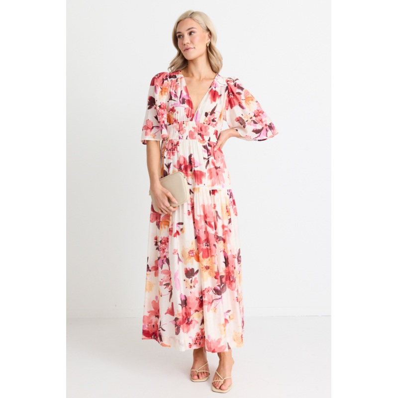 Fluent Vintage Blush Floral Flutter Sleeve Tiered Maxi Dress