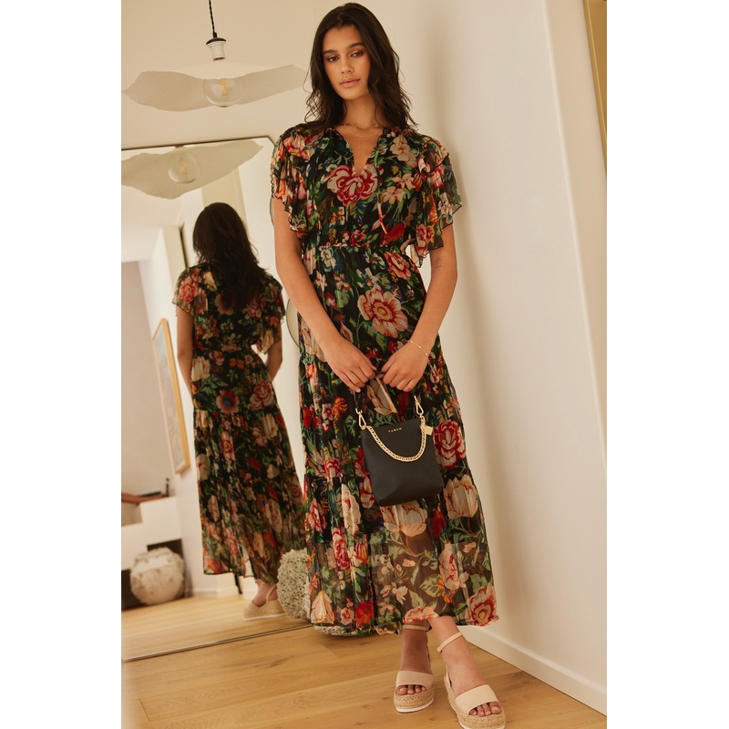 Flutter Black Floral Floaty Sleeve Maxi Dress
