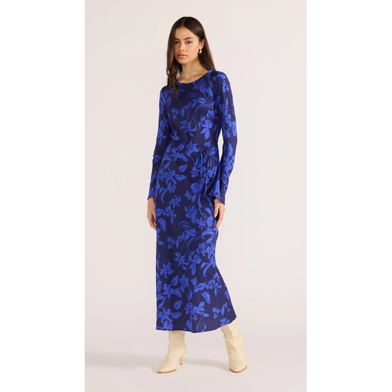 Gianna Blue Floral Bias LS Maxi Dress