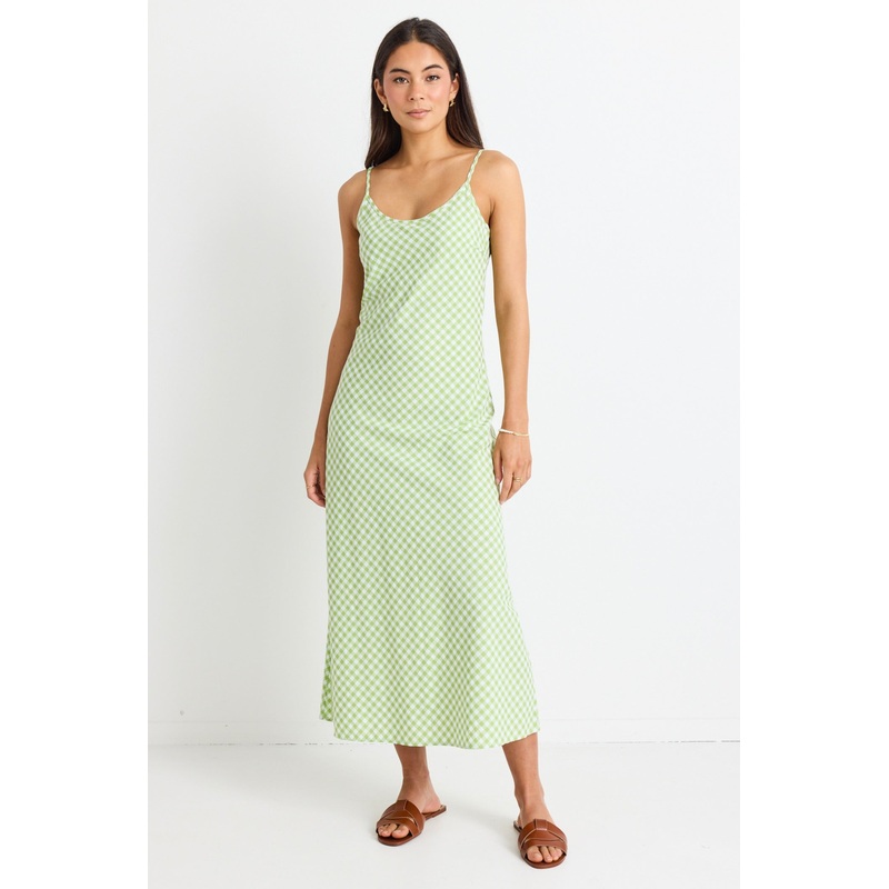 Golden Hour Green Gingham Bias Slip Dress