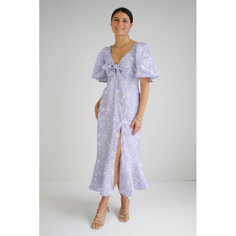 Innocent Cornflower Blue Baroque Floral Tie Front SS Maxi Dress