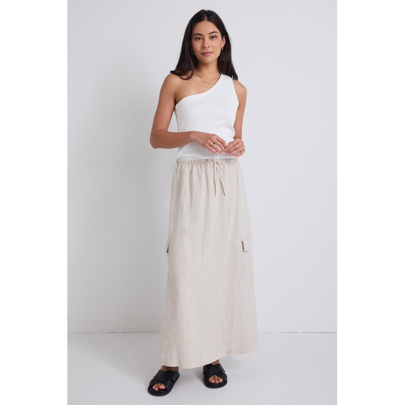 Invincible Natural Linen Elastic Waist Pocket Maxi Skirt