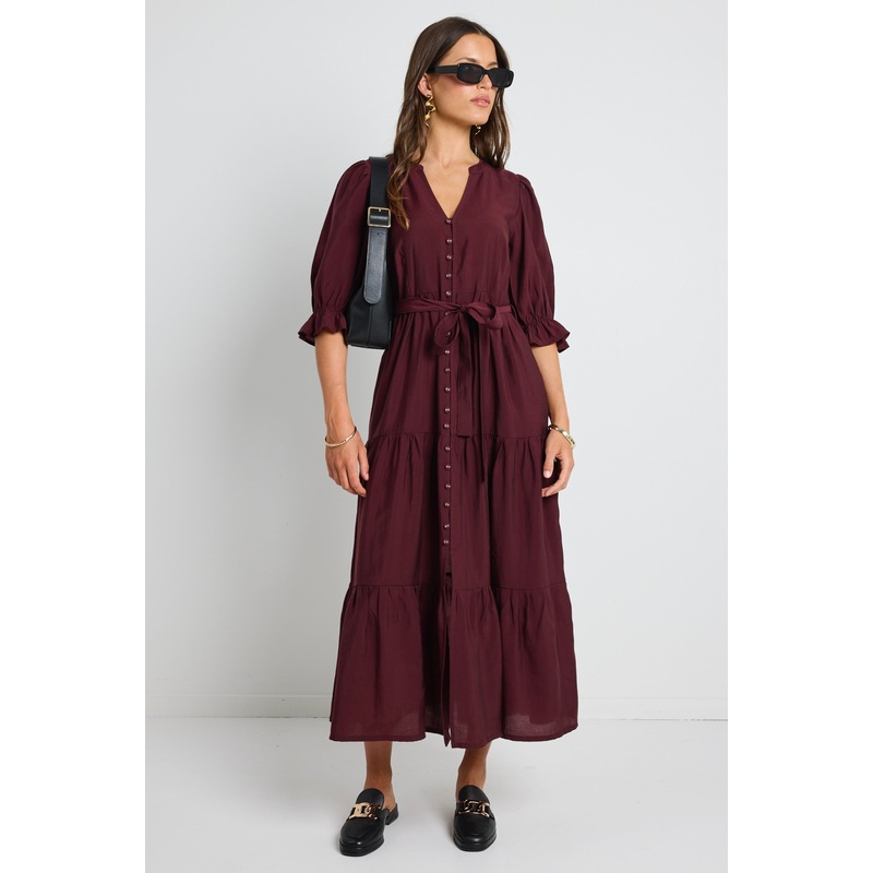Irresistible Burgundy Plum SS Button Front Tiered Maxi Dress