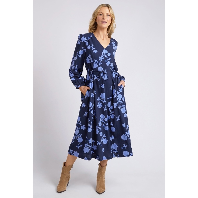 Kacey Navy Floral V Neck Midi Dress