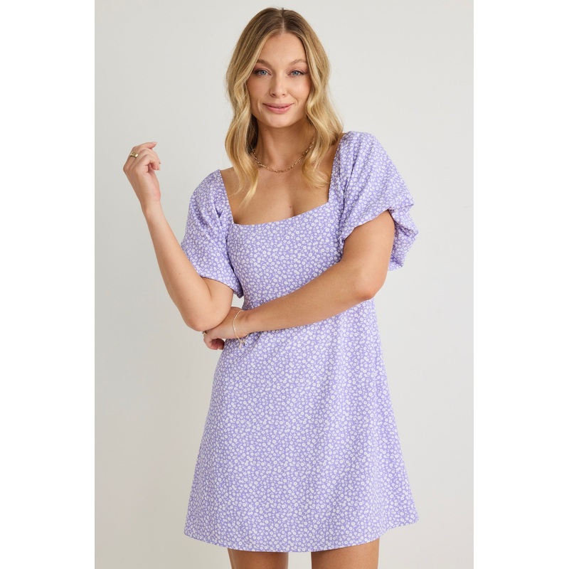 Mayhem Lilac Ditsy Floral Square Neck Puff Sleeve Mini Dress