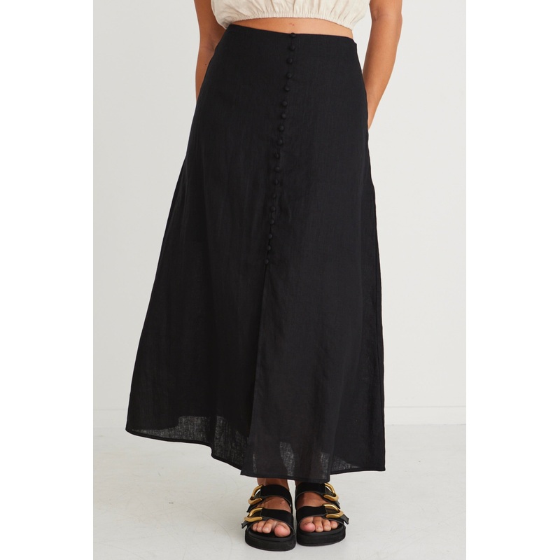 Mercy Black Linen Button Front Aline Skirt