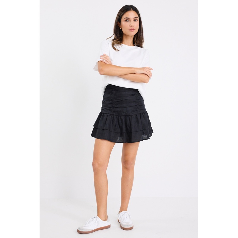 Milo Black Linen Rouched Tiered  Mini Skirt
