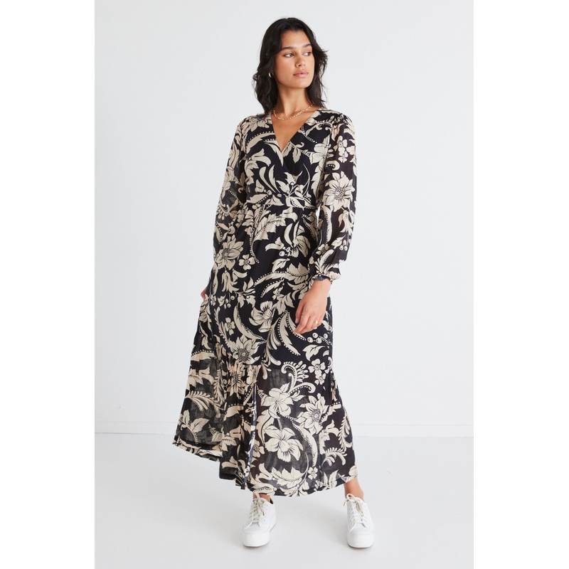 Ocean Black Cream Floral LS Wrap Dress